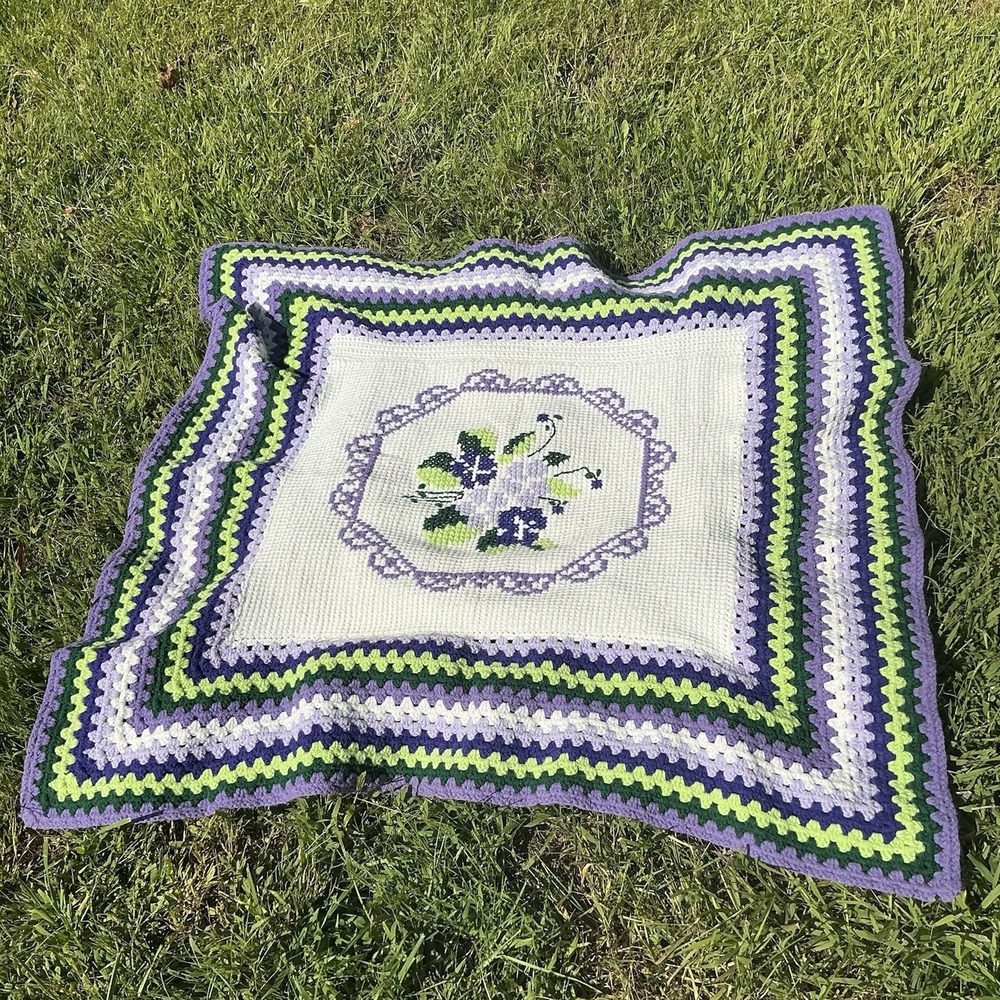 Vintage Crocheted Needlepoint Hand Made Quilt Blanket Afghan Throw Floral Purple